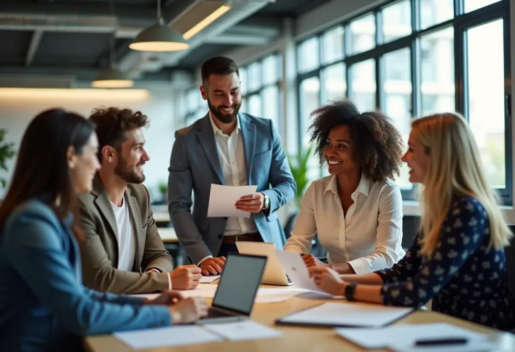 Banco de Talentos: O Guia Definitivo para Encontrar o Emprego Ideal Profissionais diversos colaborando em um escritório moderno e iluminado, representando a busca pelo emprego ideal.