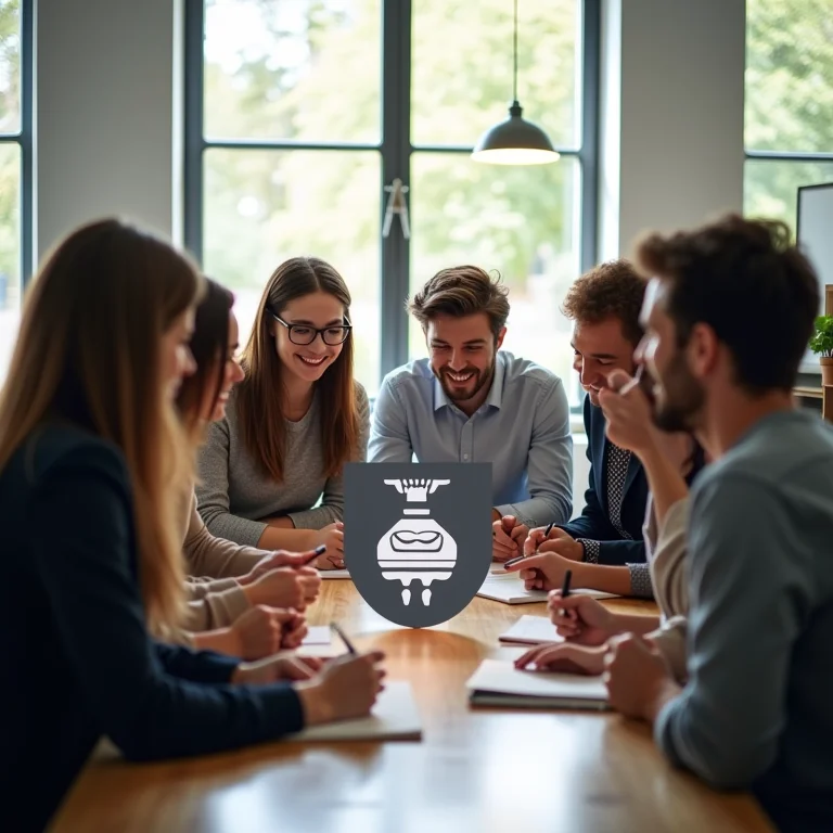 Profissionais diversos interagindo positivamente em torno de um logo, simbolizando o fortalecimento do employer branding.