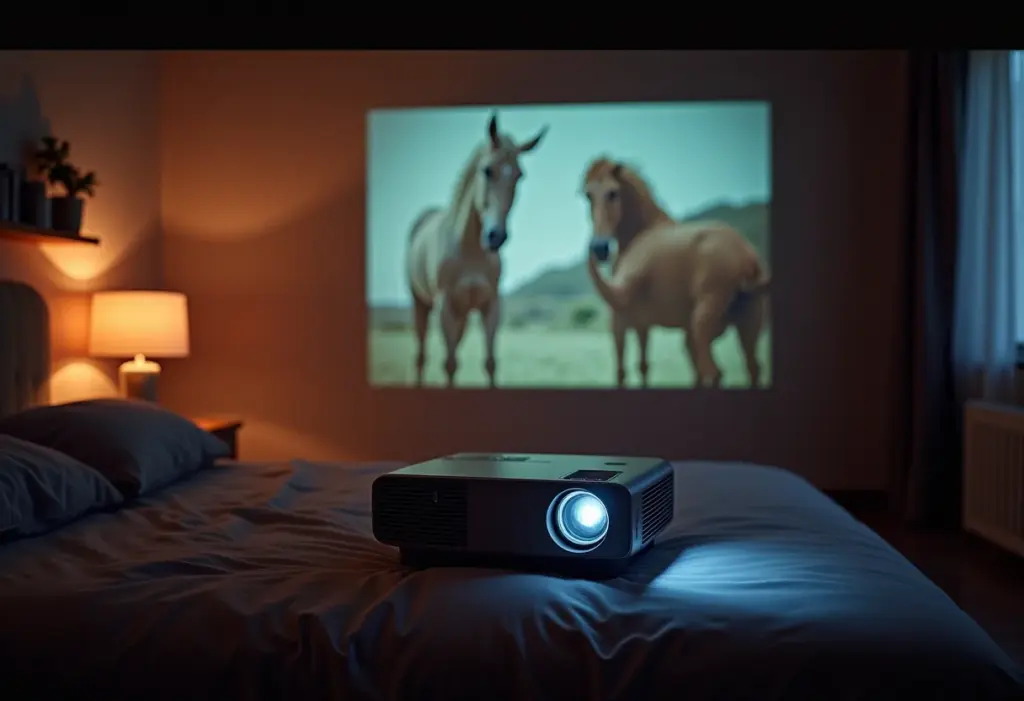 Projetor Barato no Quarto: Guia para uma Noite de Cinema Perfeita Quarto aconchegante com projetor exibindo filme na parede