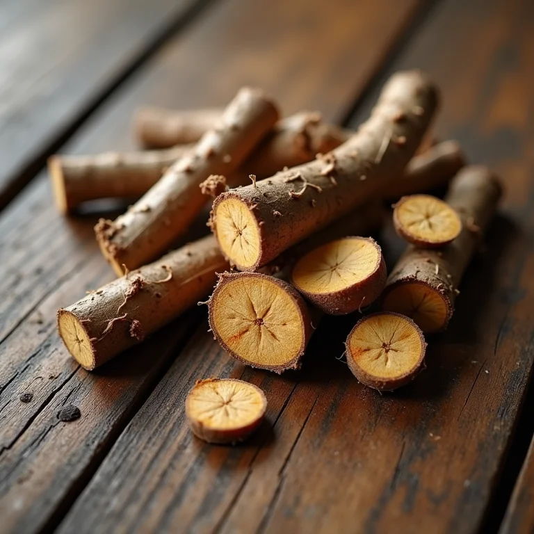 Raiz de valeriana cortada em pequenos pedaços sobre superfície de madeira