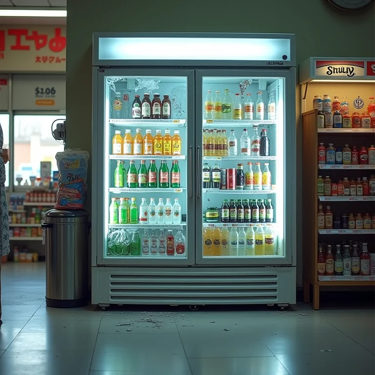 Refrigerador de bebidas quebrado em uma loja de conveniência