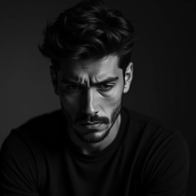 Retrato em preto e branco de um ator reflexivo