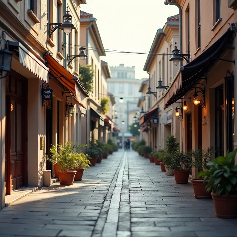 Rua com diversos estabelecimentos comerciais