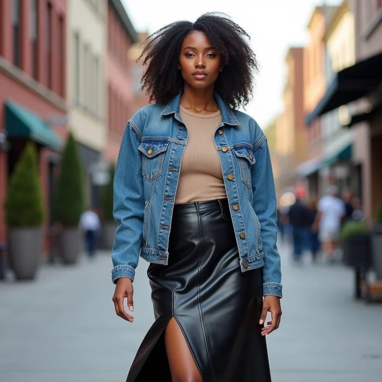 Saia de couro midi e jaqueta jeans: uma combinação perfeita