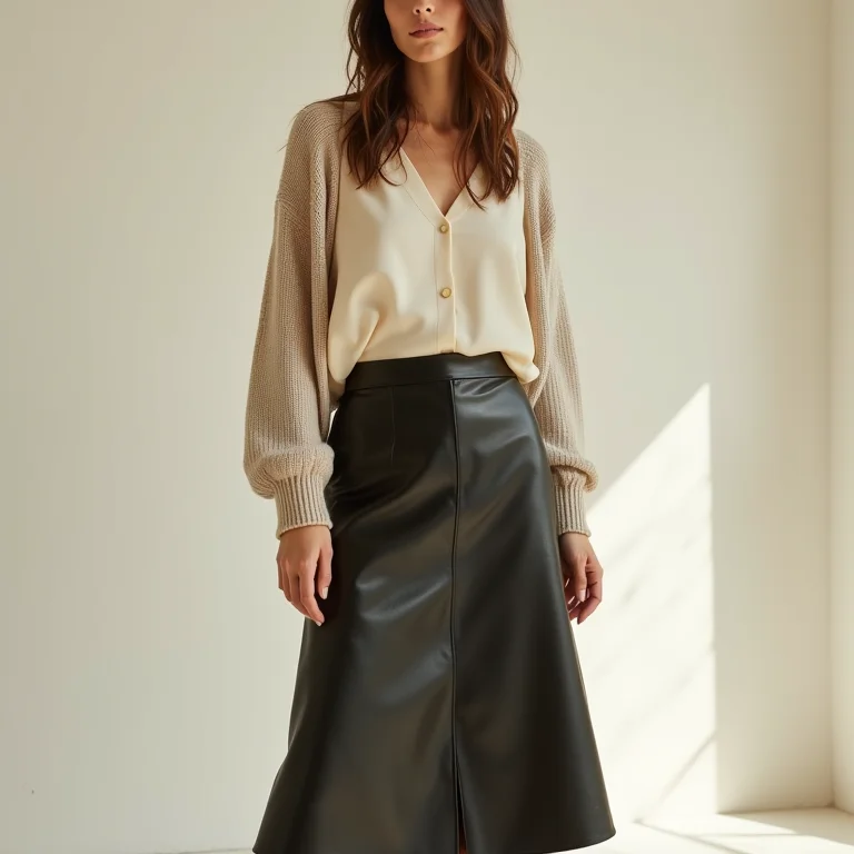 Saia de couro midi equilibrada com peças leves e fluidas