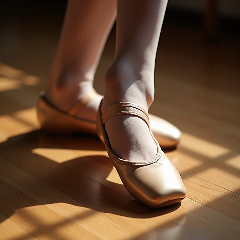 Sapatilhas de ballet usadas sobre um piso de madeira.