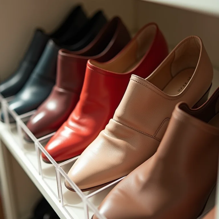 Sapatos organizados por cor dentro de caixas transparentes.