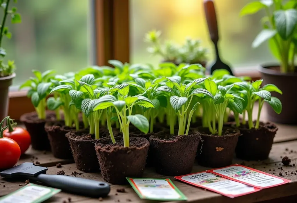 Sementes e mudas diversas sobre mesa de madeira rústica.