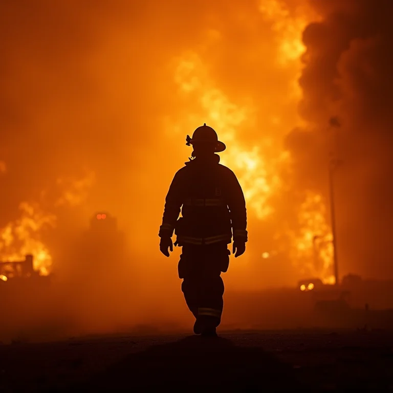 Silhueta de bombeiro em meio à fumaça após um resgate