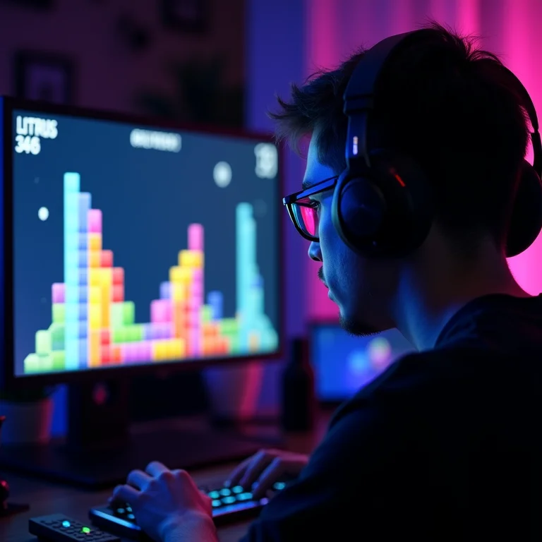 Streamer jogando Tetris com o jogo visível na tela.