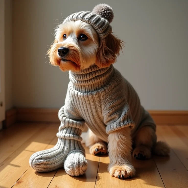 Suéter de cachorro, gorro de tricô e meias de cachorro em piso de madeira