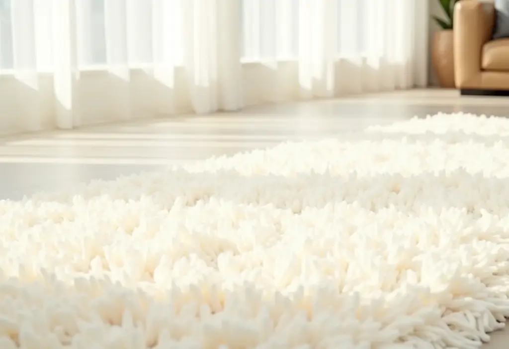 Tapete felpudo bege em sala de estar minimalista