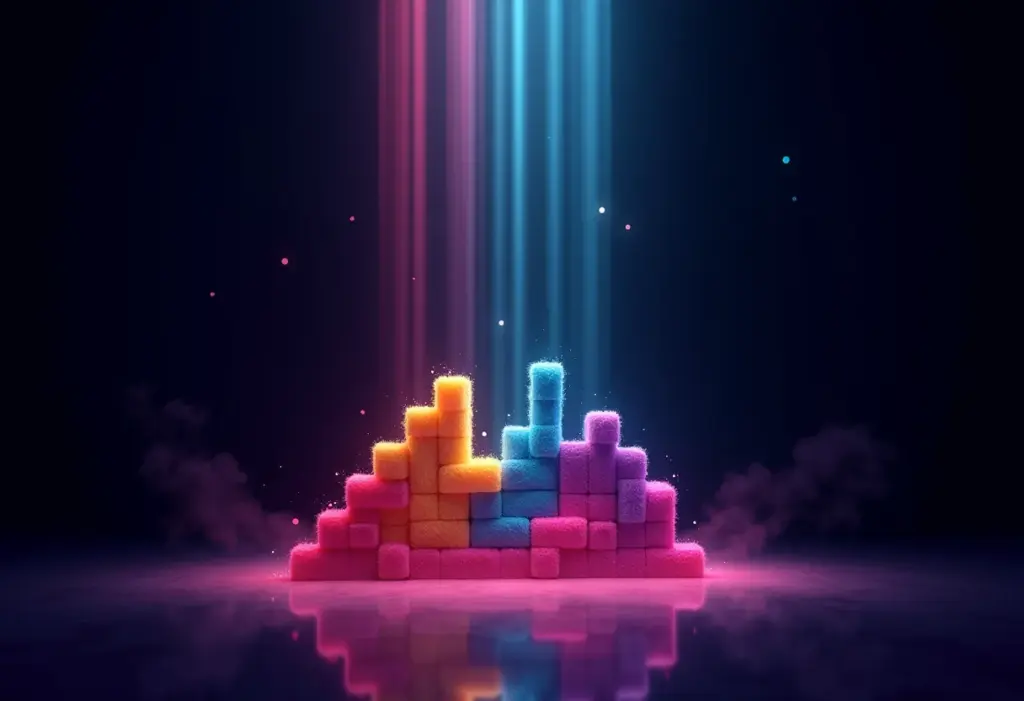Tela de Tetris com blocos caindo em um jogo dinâmico e colorido.