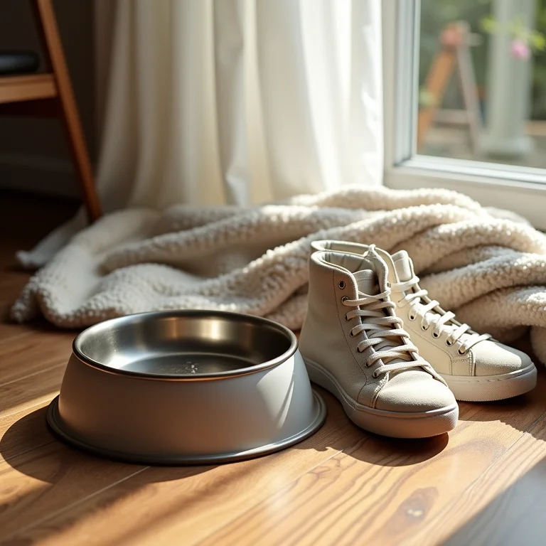 Tigela de cachorro, cobertor aconchegante e tênis em piso de madeira