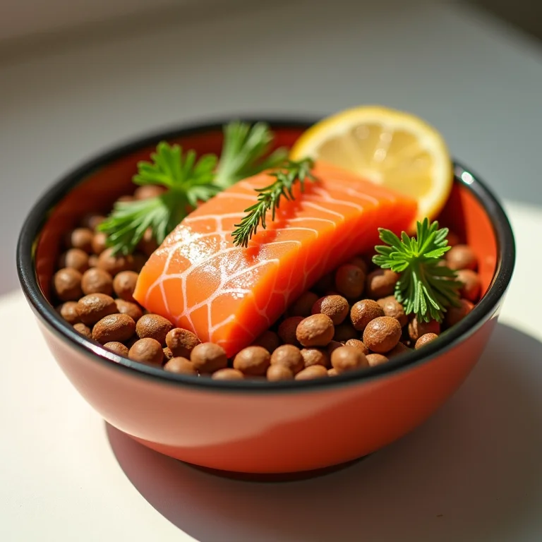 Tigela de ração de alta qualidade para cães com ingredientes frescos.