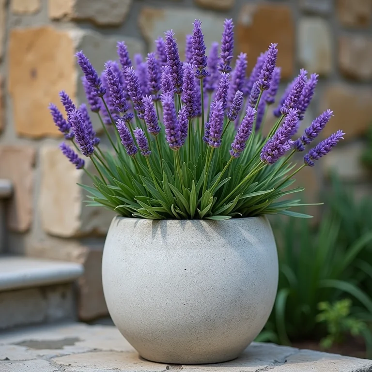 Vaso de cimento com lavanda em frente a parede de pedra