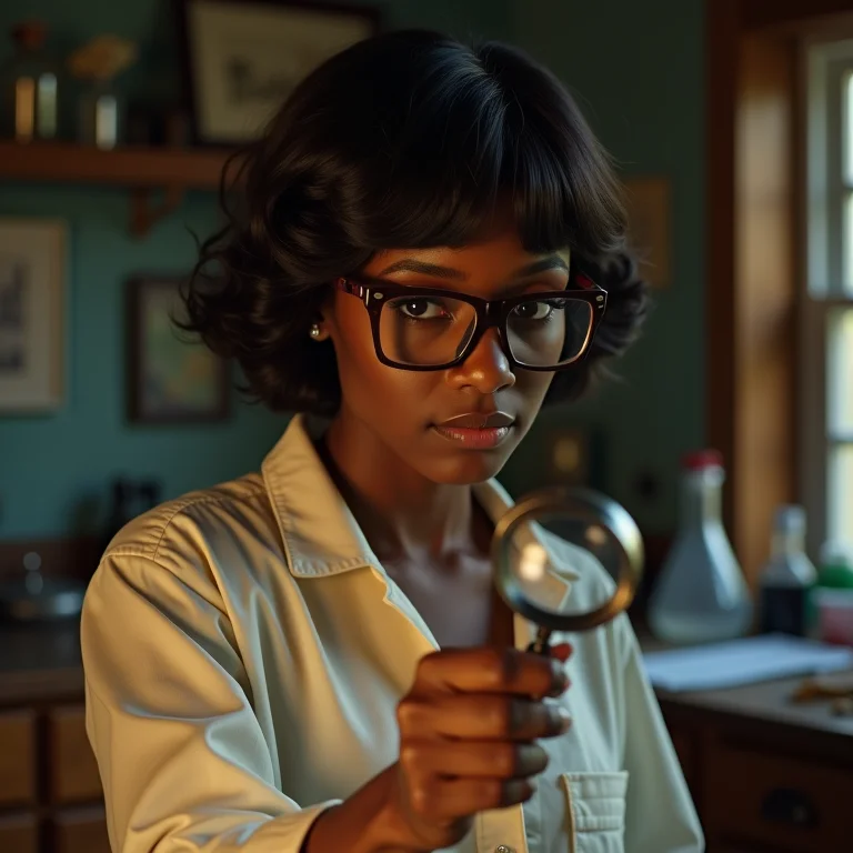 Velma analisando pista com lupa em laboratório.