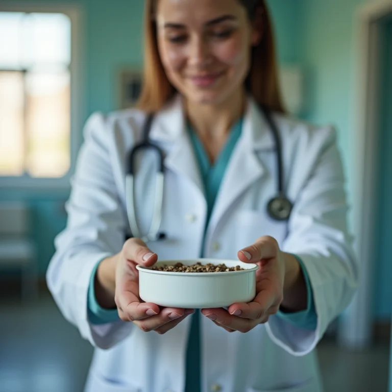 Veterinária segurando comedouro interativo em clínica