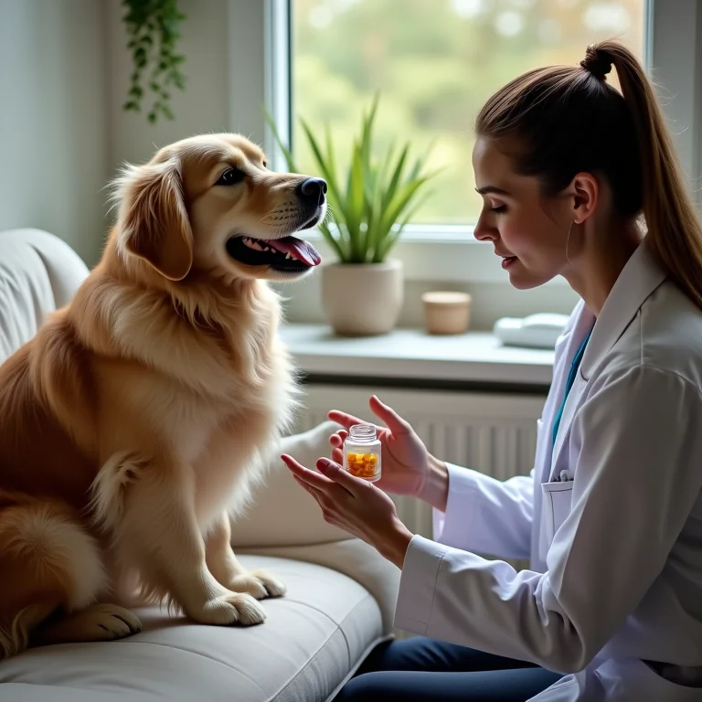 Veterinário consultando uma dona sobre suplementos para seu Golden Retriever.
