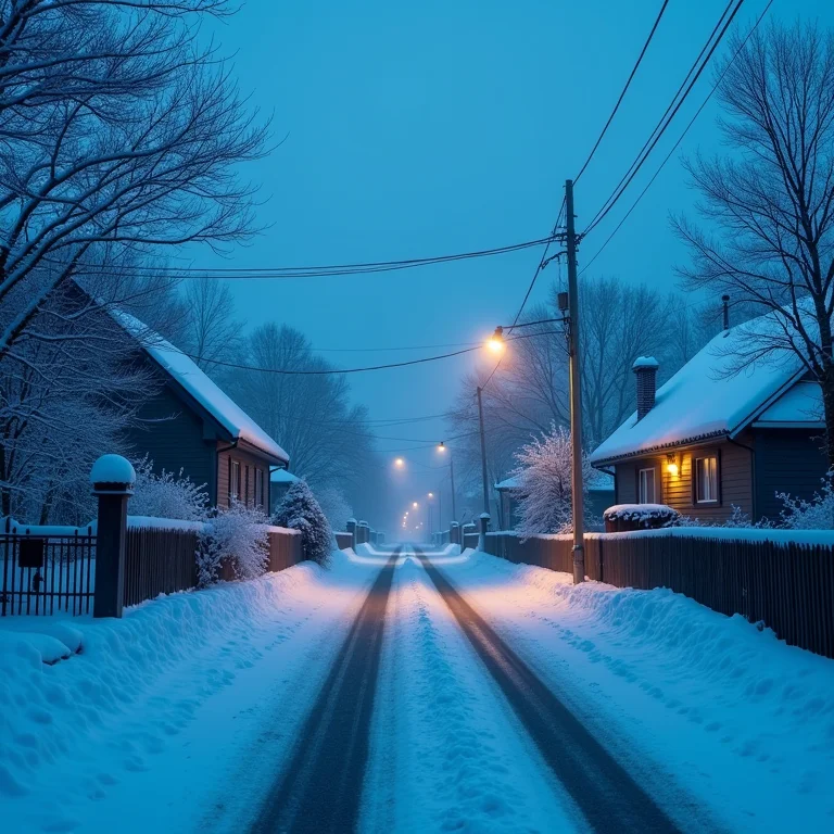 Vila coberta de neve ao entardecer, representando Les Revenants.