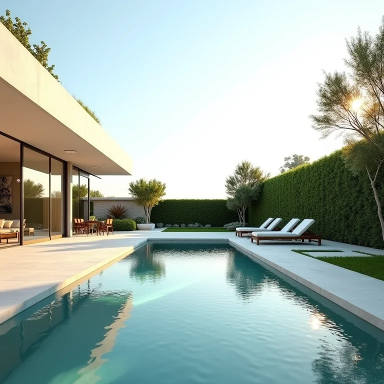 Villa luxuosa com piscina e jardim iluminada pelo sol