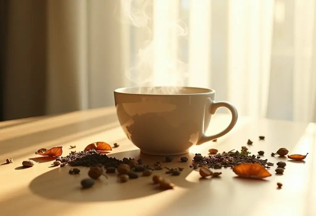 Xícara de chá de ervas fumegante com ervas secas ao redor