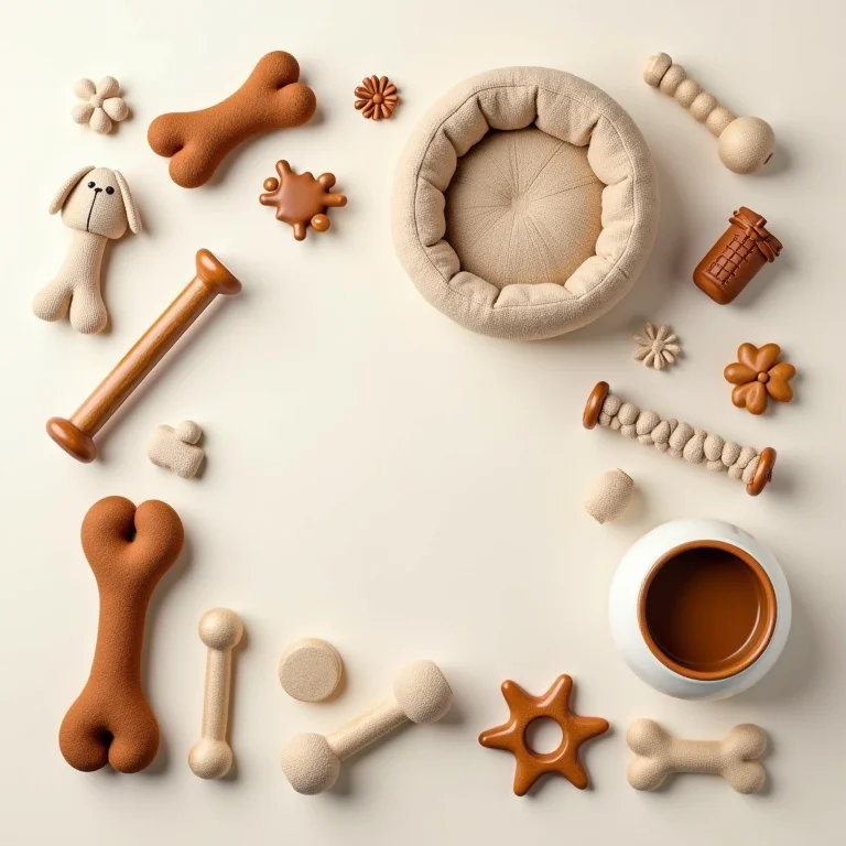 Acessórios para cachorro dispostos de forma organizada.