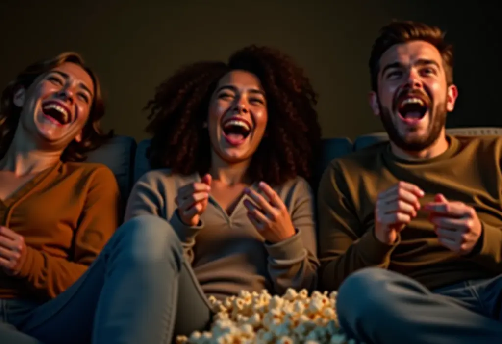 Reunião de escola: 5 filmes de comédia para morrer de rir Amigos reunidos assistindo a uma comédia hilária.