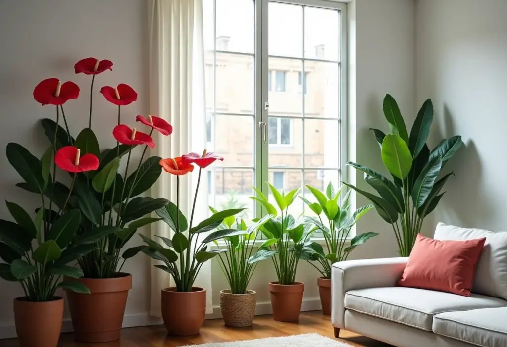 Antúrios exuberantes em decoração minimalista