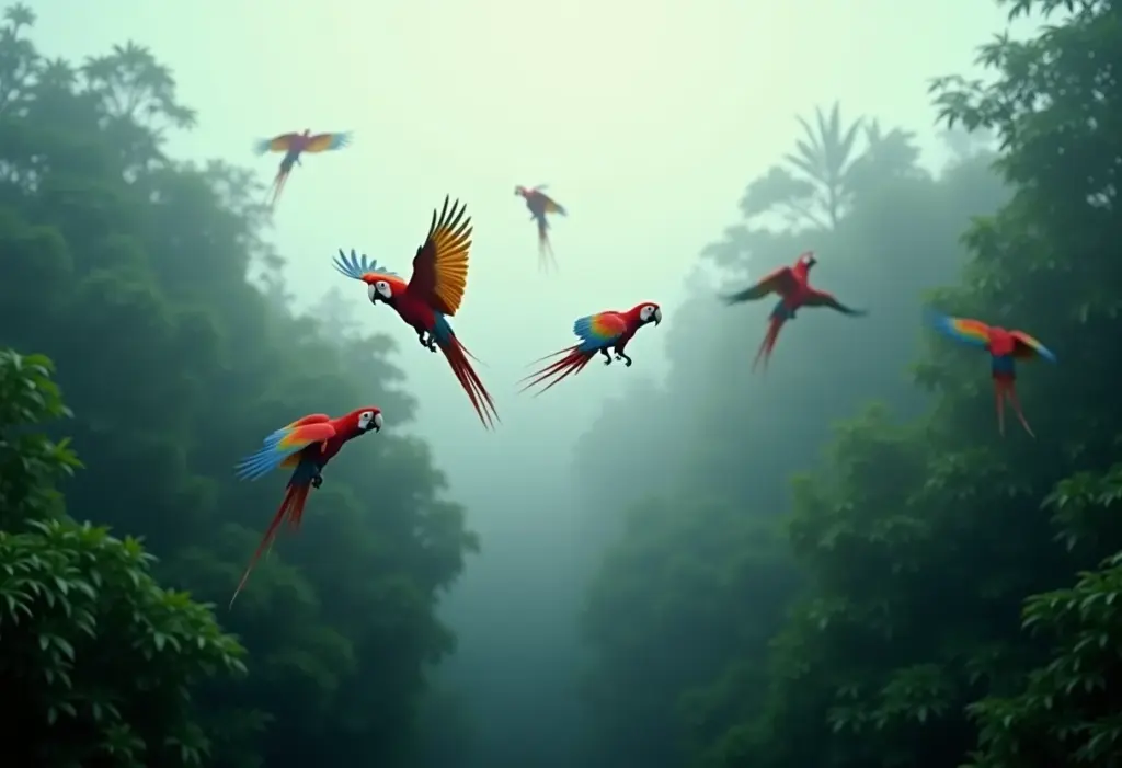 Araras vermelhas voando sobre a floresta tropical