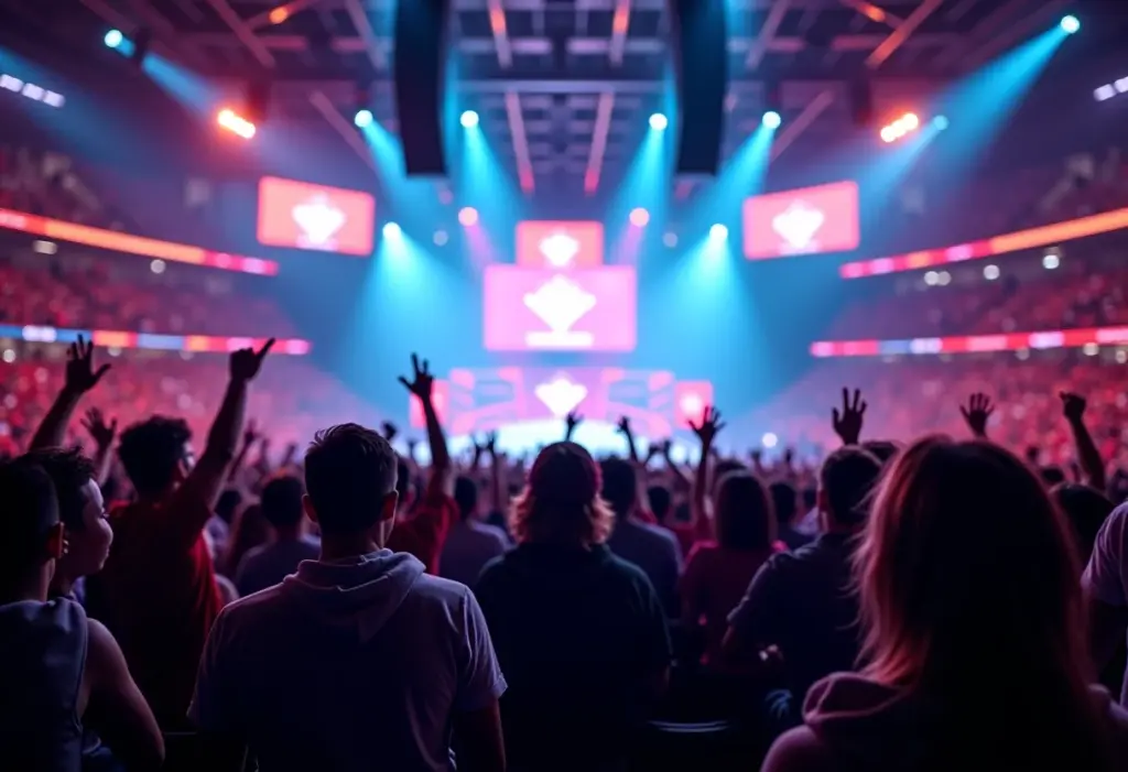 Arena de eSports vibrante com fãs torcendo