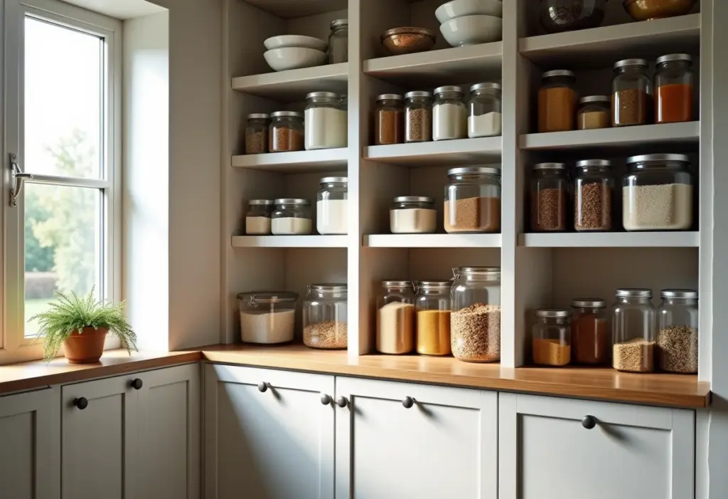 Cozinha Impecável: O Guia Definitivo para Organizar seu Armário Armário de cozinha organizado com diversos potes e utensílios.