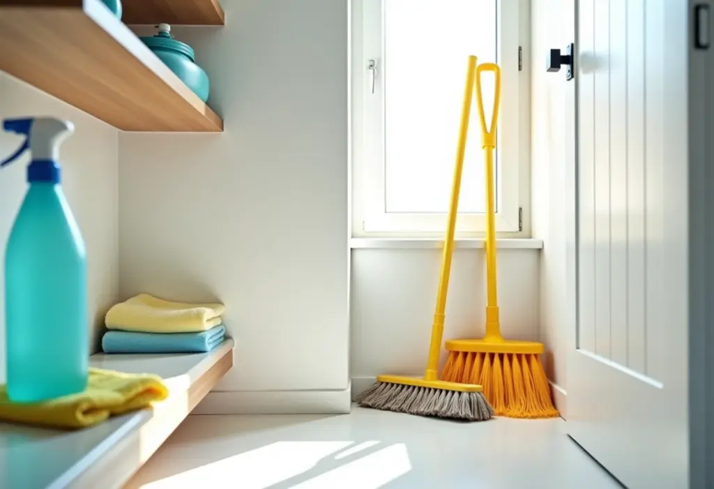 Armário de vassouras organizado com produtos de limpeza