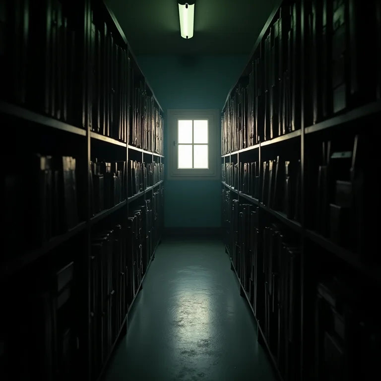 Arquivo governamental escuro e empoeirado, representando segredos do passado.