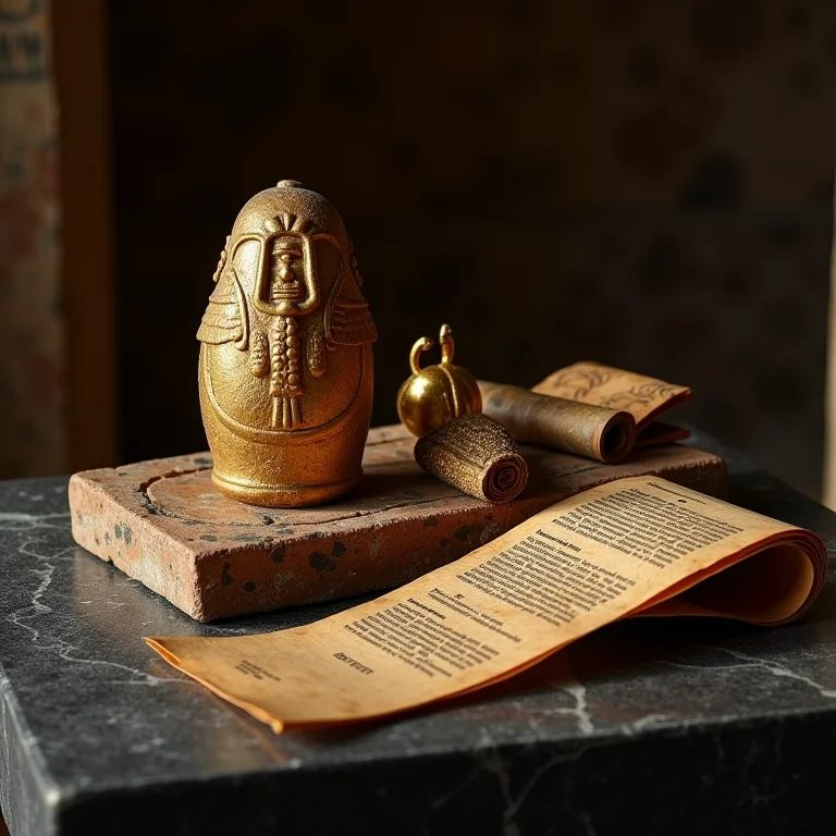 Artefatos egípcios antigos em altar de pedra escura