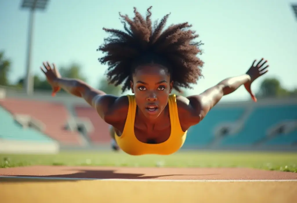 Salto em Distância e Triplo: Domine as regras e voe mais alto Atleta negra salta em distância com foco e determinação
