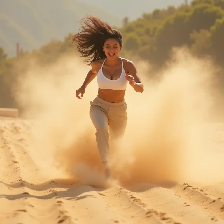 Atleta parda aterrissa na caixa de areia durante o salto em distância