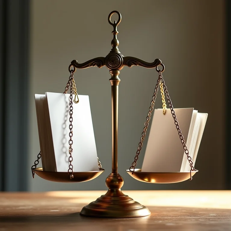 Balança da justiça com envelope confidencial e livro aberto, representando o contexto legal do sigilo.