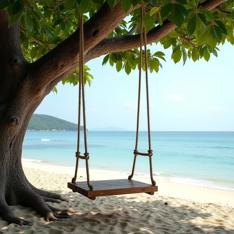 Balanço de madeira em praia isolada