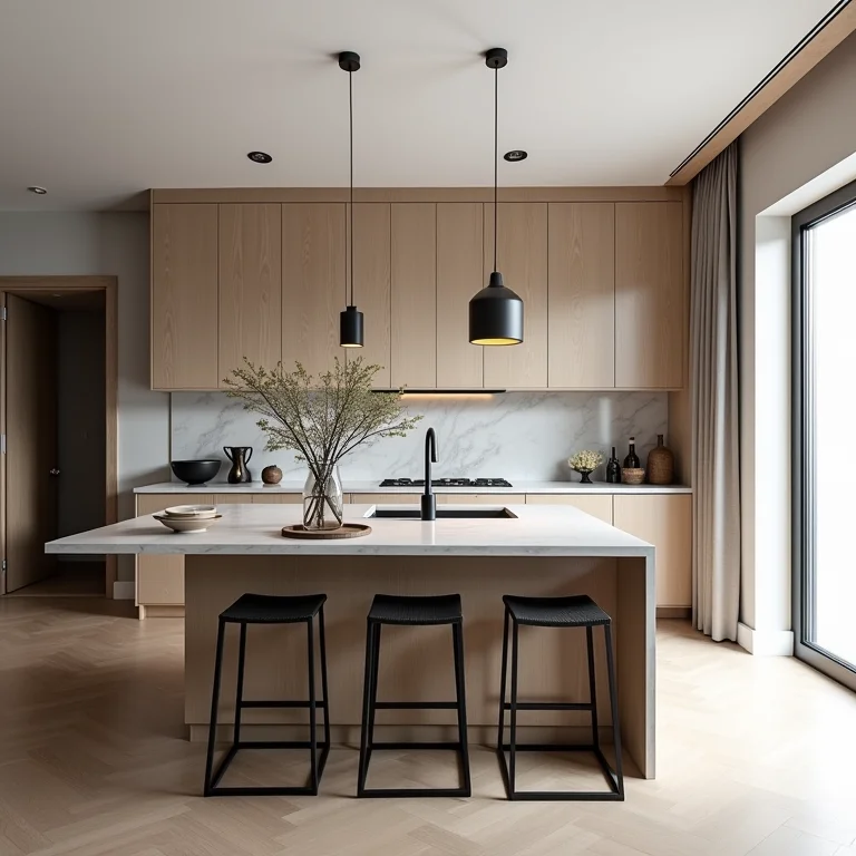 Bancada da cozinha como divisor de ambientes e espaço para refeições