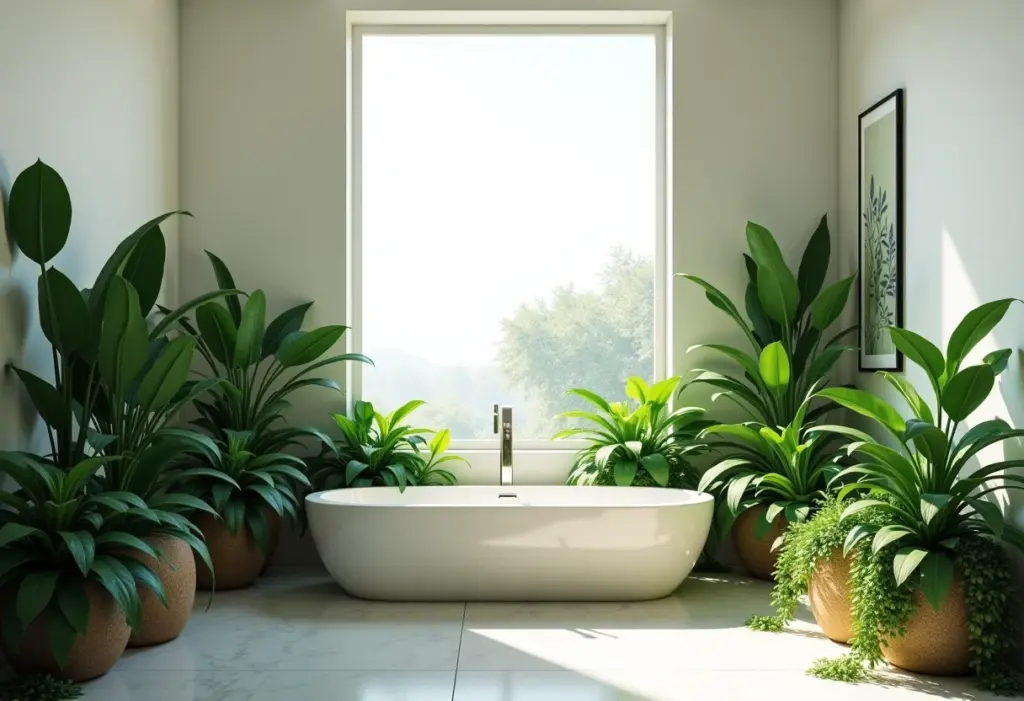 Banheiro com plantas: o segredo para um refúgio relaxante Banheiro com plantas exuberantes e iluminação suave