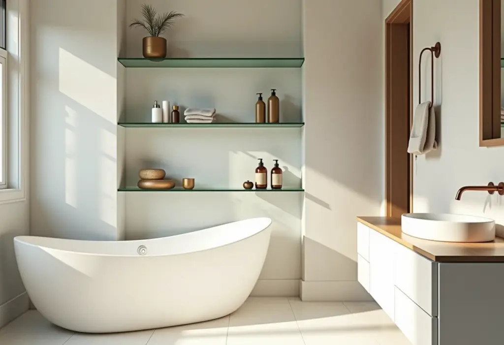 Banheiro sofisticado com prateleiras de vidro