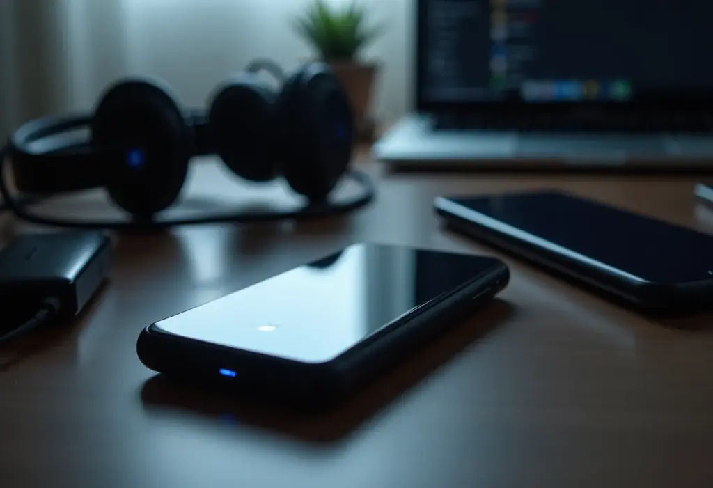 Bateria externa gamer e acessórios em composição minimalista