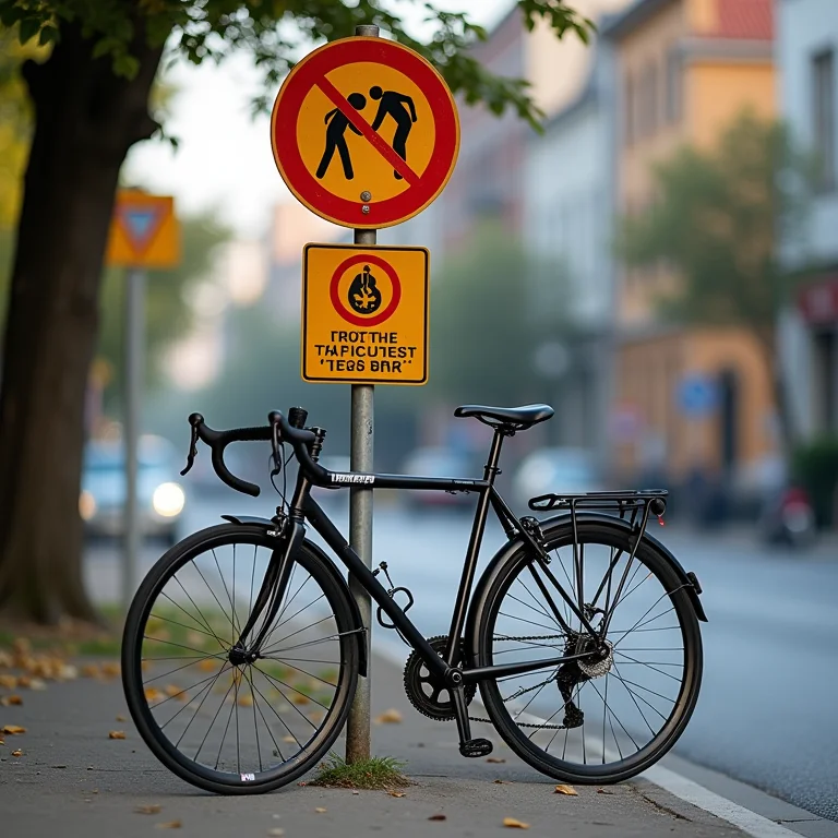 Bicicleta e placa de sinalização de trânsito.