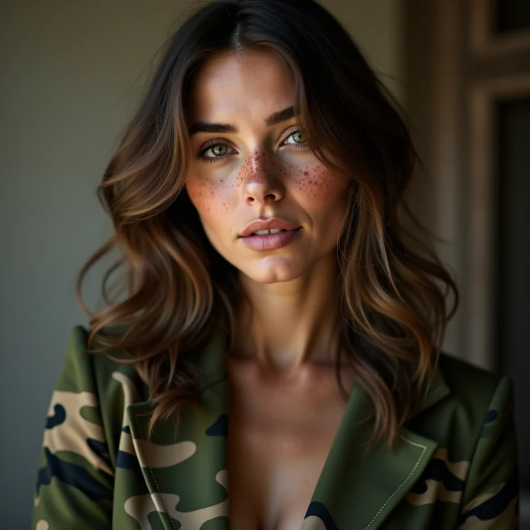 Blazer camuflado de corte moderno em mulher branca