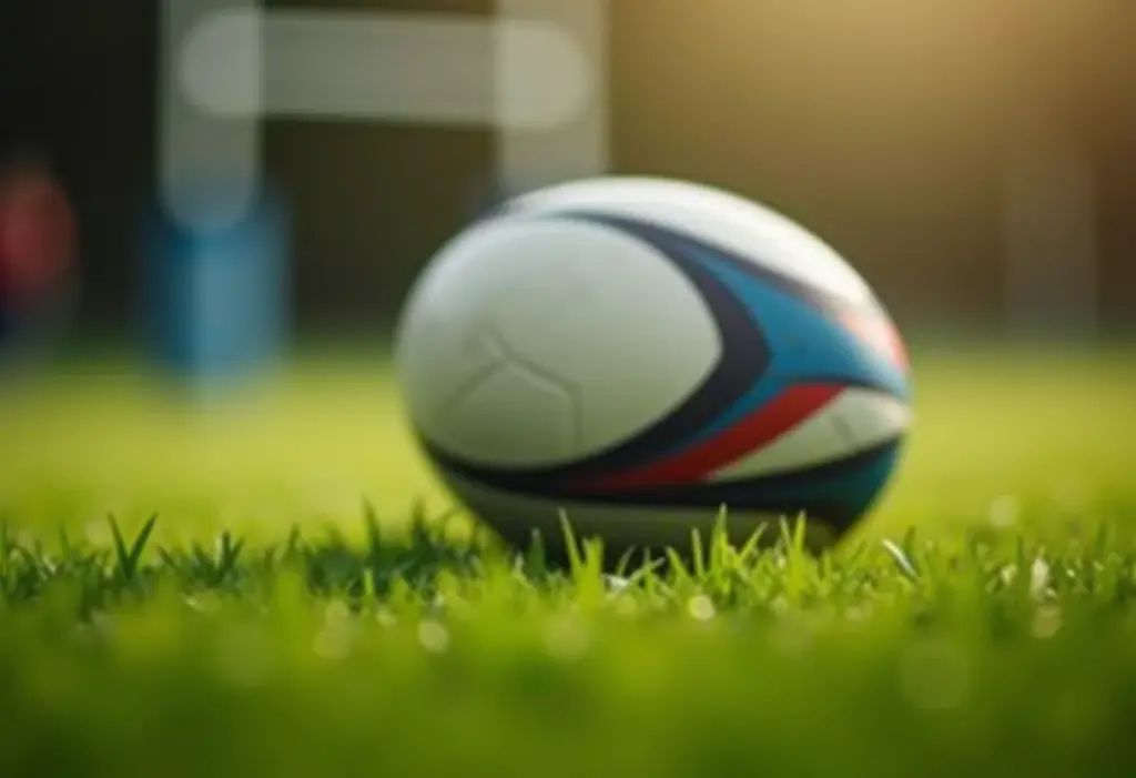 Bola de rugby sendo chutada em um campo verde.