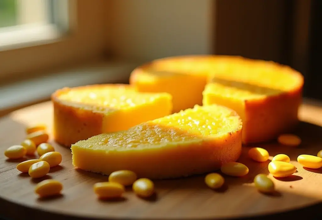 Bolo de milho cremoso irresistível em mesa de madeira rústica