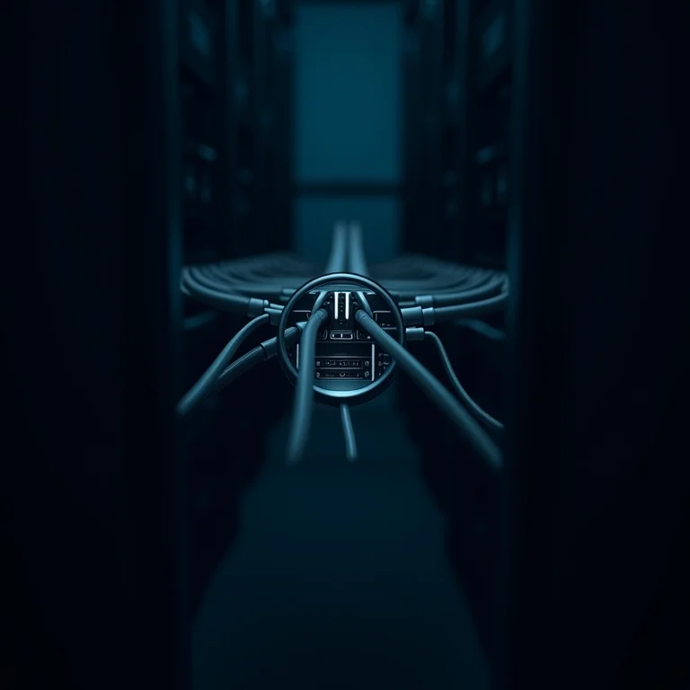 Cabos de rede complexos com lupa, representando medidas técnicas de proteção de dados.