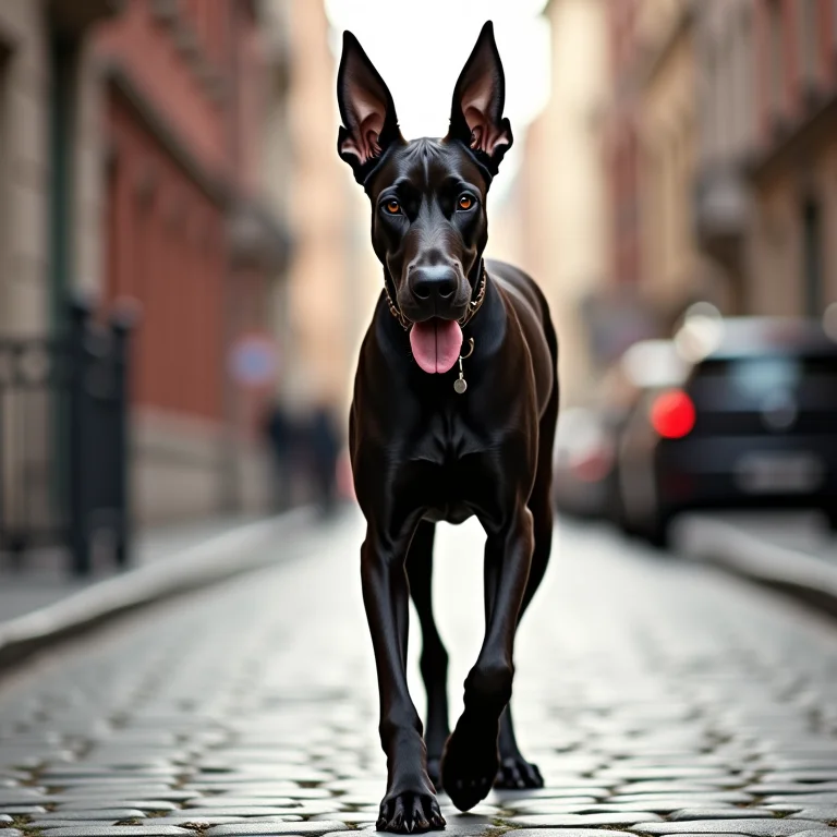 Cachorro da raça Dogue Alemão (Great Dane) andando em rua de paralelepípedos.