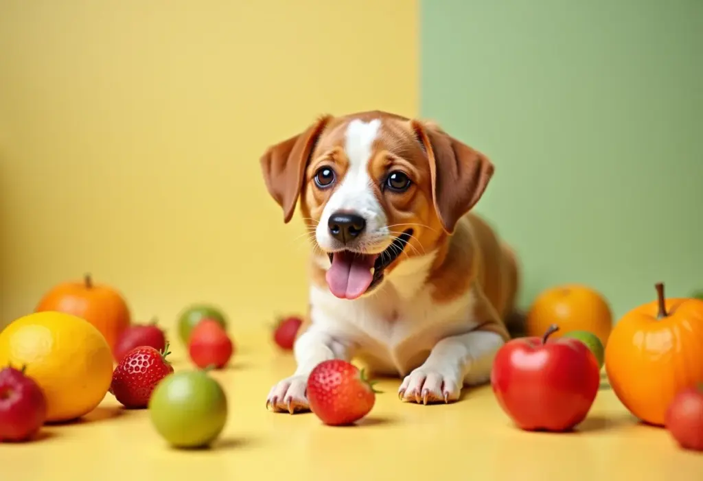 Cachorro pode comer fruta? O guia definitivo de quais são seguras Cachorro feliz cercado por frutas frescas e coloridas